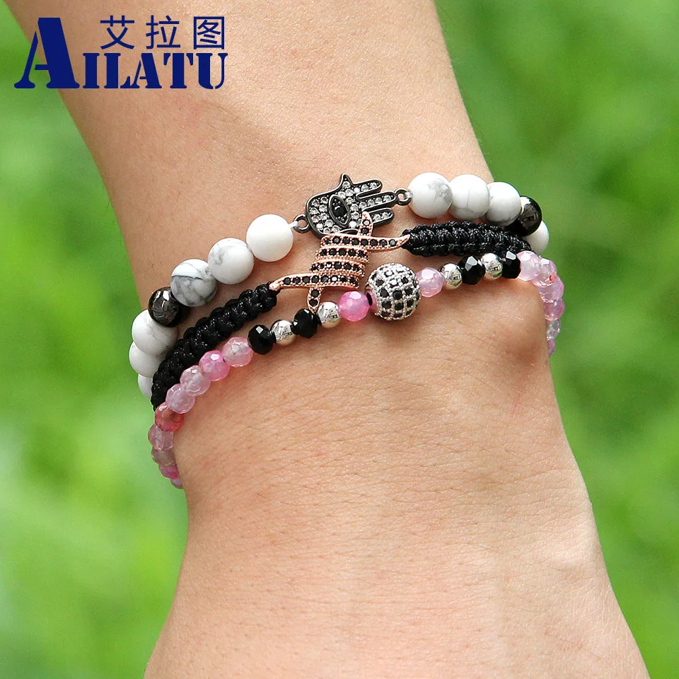 Ailatu 6 мм белые мраморные бусины Howlite с микрозакрепкой фианитами Hamsa браслет