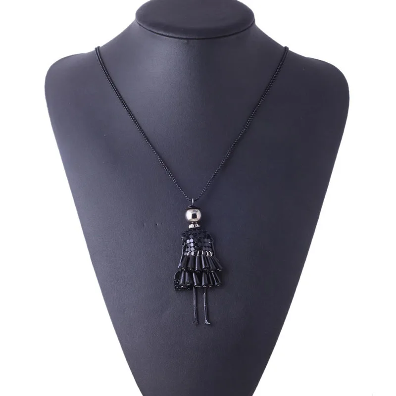 Handmade Dress Crystal Piece Sequins Girl Black Doll Pendants Long Necklace Sweater Chain 1 Pc | Украшения и аксессуары