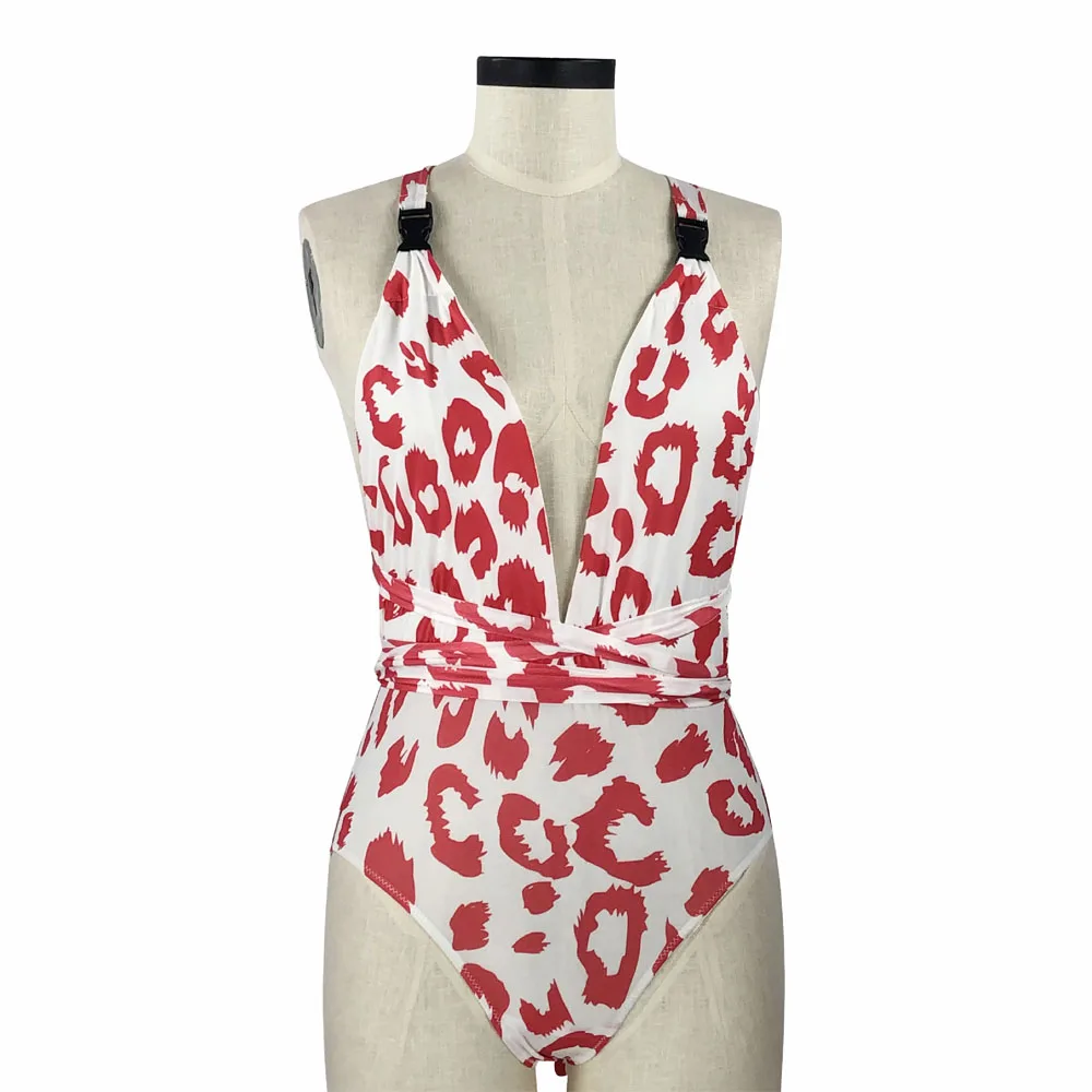 Женский купальник черный красный цельный сексуальный глубокий v-образный вырез