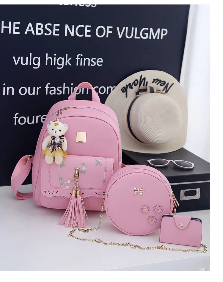 JULIE Модный женский рюкзак с вышивкой, популярный женский комплект из 3 предметов, рюкзак с красивой кисточкой, очаровательный молодежный рюкзак для путешествий для девочек