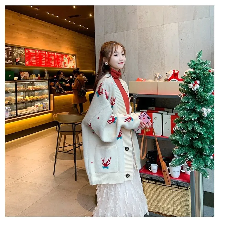 

H.SA 2019 Spring Women Fashion Korean Sweater Jackets DEER Embroidery Long Knit Coat Oversized Knit Sweater and Cardigans Femme