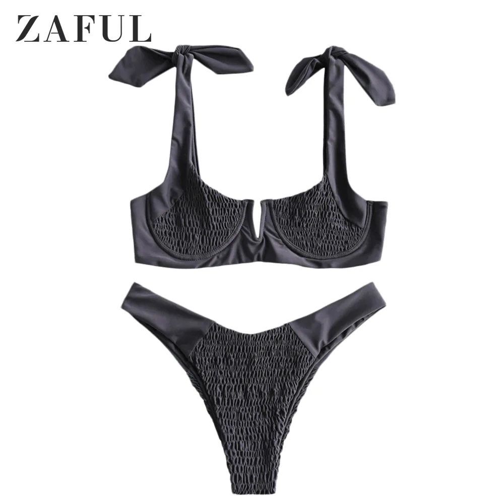 ZAFUL, комплект бикини с завязками на плечах, гофрированный, на косточках, v-образный вырез, купальник с глубоким вырезом, Одноцветный, милый купальник, купальный костюм с пуш-ап - Цвет: Dark Slate Grey