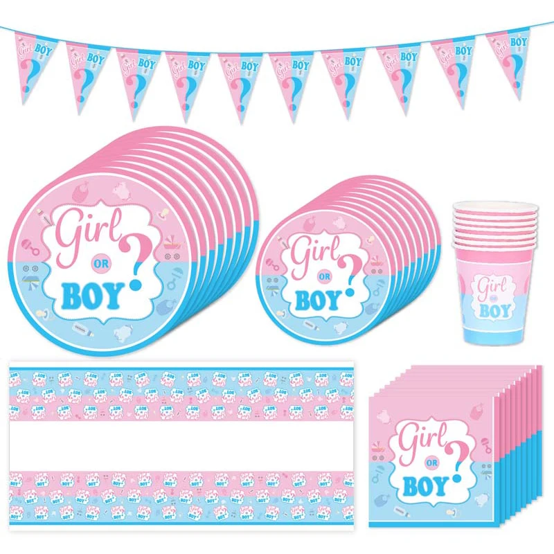 Пол раскрывает вечерние одноразовые столовые приборы мальчик или девочка