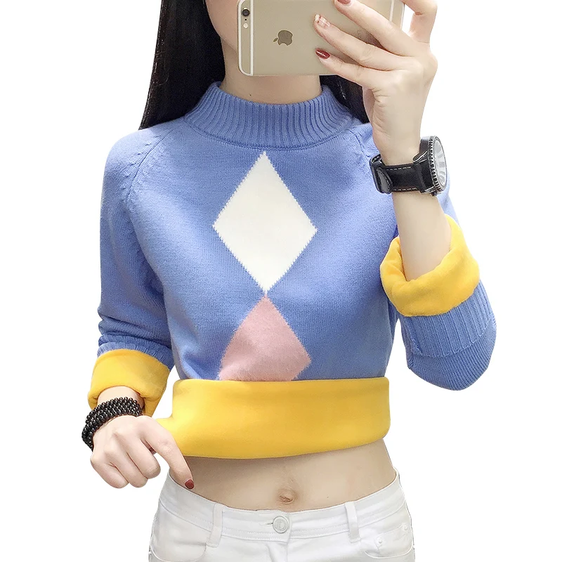 High quality Elegance Thick Warm Women's Pullover Sweater Fashion Knitted With Velveeta Jumper Top Slim Female O-neck | Женская
