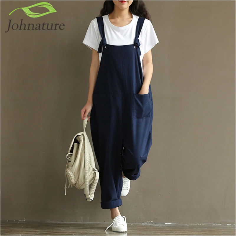 Новинка 2019 года сезон лето свободные женские Комбинезоны из хлопка с карманами в