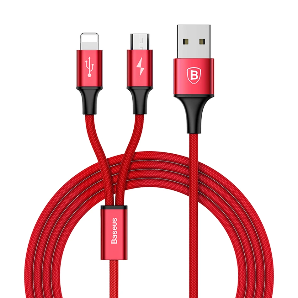 Baseus 2 в 1 USB кабель для iPhone Xs Max Xr X 8 7 6 6S Plus Быстрая зарядка Micro USB кабель для samsung Xiaomi кабель для мобильного телефона