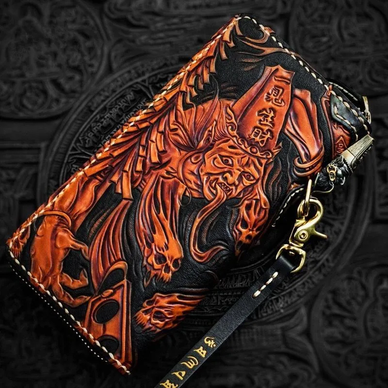 

Genuine Leather Wallets Carving Devils 'Black and white is impermanent' Purses Men Long Clutch Vegetable Tanned Leather Wallet