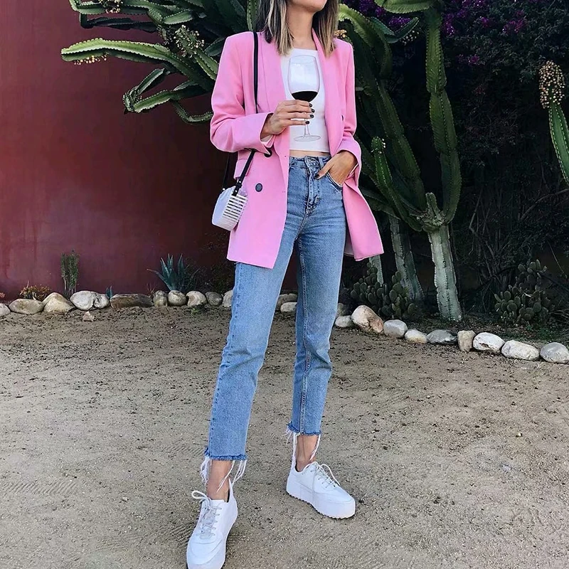 2019 autumn trendy pink double breasted blazers outerwear jackets women streetwear pockets | Женская одежда
