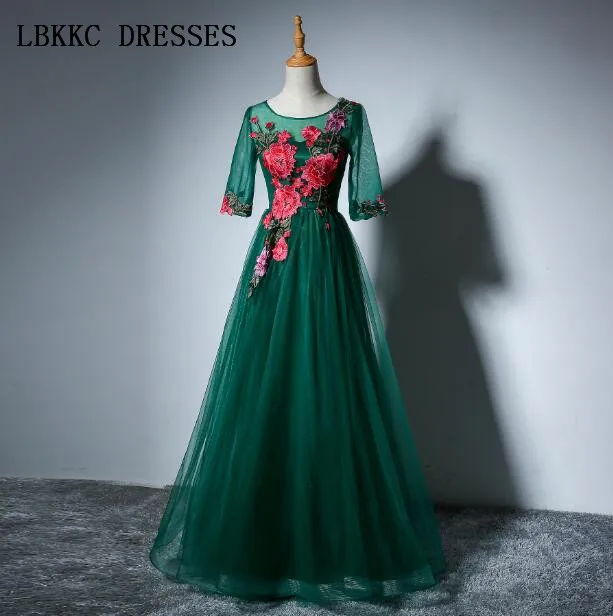 

Robe De Soiree Dark Green Evening Dresses With Embroidery Flowers Half Sleeves Floor Length Elegant Vestido Longo De Festa