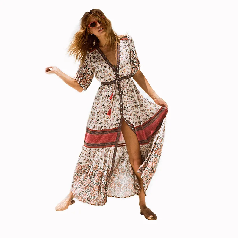 Богемное длинное платье с v образным вырезом и цветочным принтом в этническом