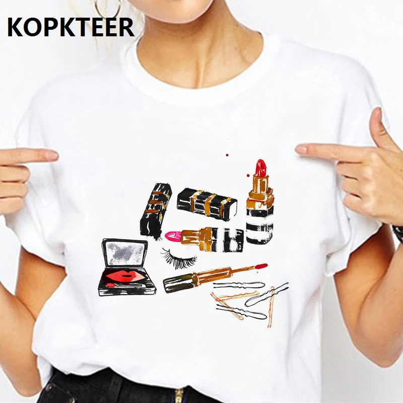 Camiseta Mujer Harajuku футболка женская одежда Макияж Губная помада Графические футболки корейский Ulzzang Топы Футболка Femme уличная одежда
