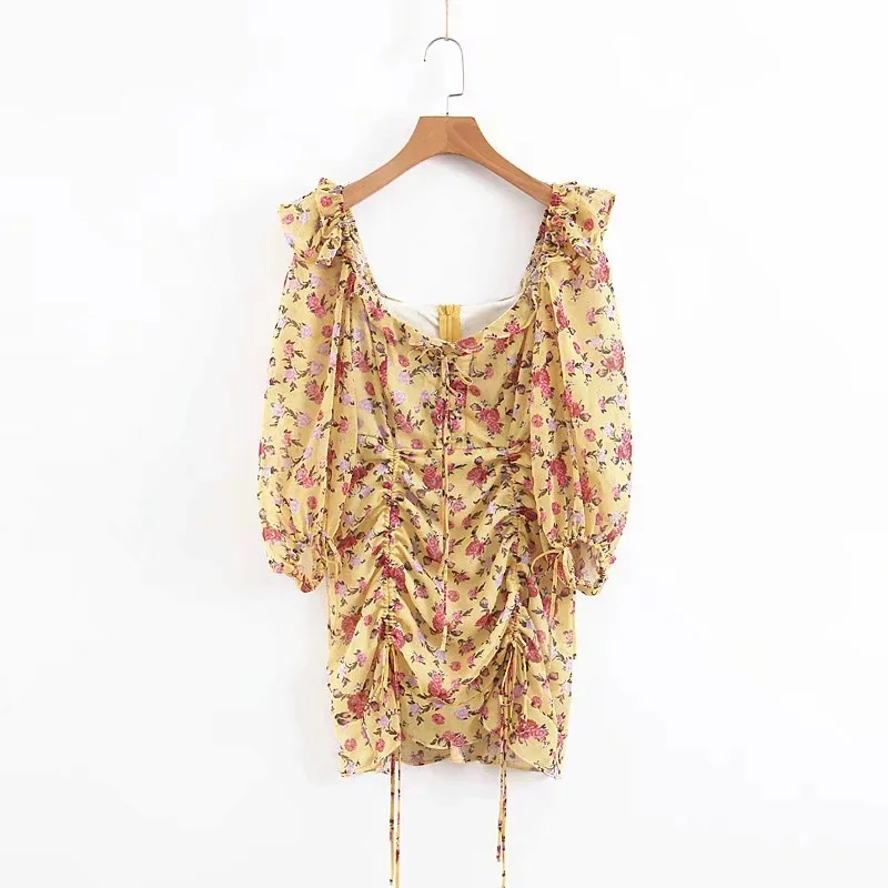 Женское платье с цветочным принтом Boho желтое Повседневное со шнуровкой и бантом