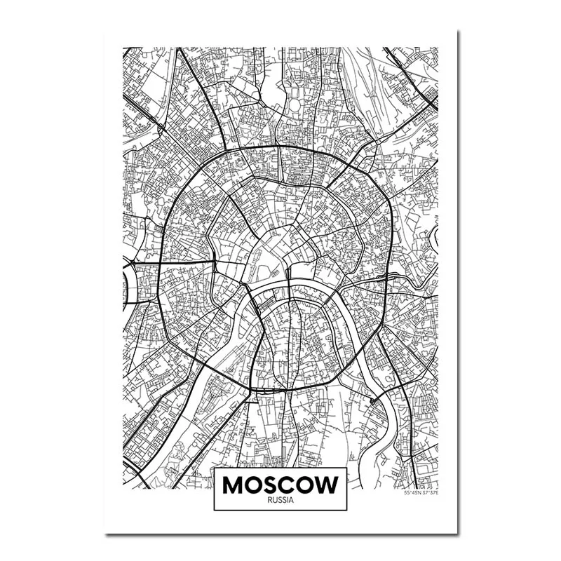 Moscow Черный, белый, Роттердам, Лондон, Нью-Йорк, столица, город, карта, холст, плакат, настенное искусство, печать, живопись, скандинавские декоративные картины, Декор - Цвет: Moscow