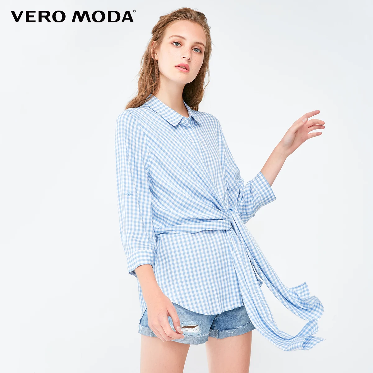 Vero Moda Новая женская клетчатая кружевная двухсторонняя блузка с 3/4 рукавами | 318331503 - Цвет: Tealc blue