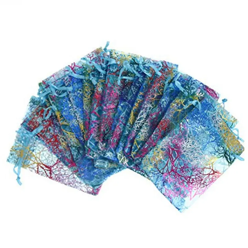 20 шт., 7x9 см, Сумка из органзы, цветная, с коралловым узором, для свадебных подарков, сумки из тюля, на шнурке, сумка для конфет, ювелирные изделия, сумки, вечерние сувениры