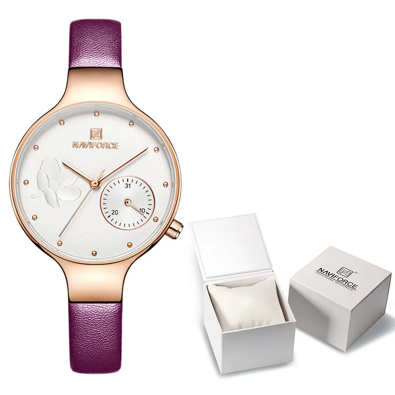 Purple-Box-W NAVIFORCE женские часы лучший бренд класса люкс Модные женские кварцевые наручные часы женские кожаные водонепроницаемые часы девушка Relogio Feminino - Цвет: Purple-Box-W