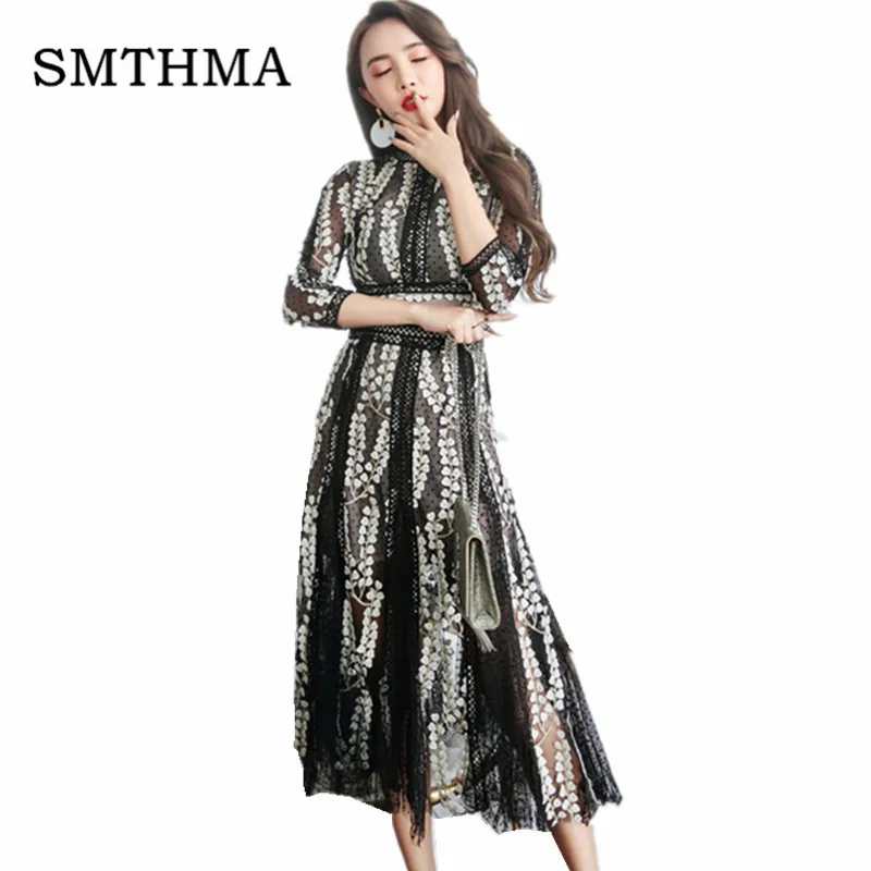 Женское длинное платье SMTHMA, Высококачественное праздничное лоскутное платье с рукавом три четверти, с вышитыми белыми цветами, черными кружевами на осень/весну