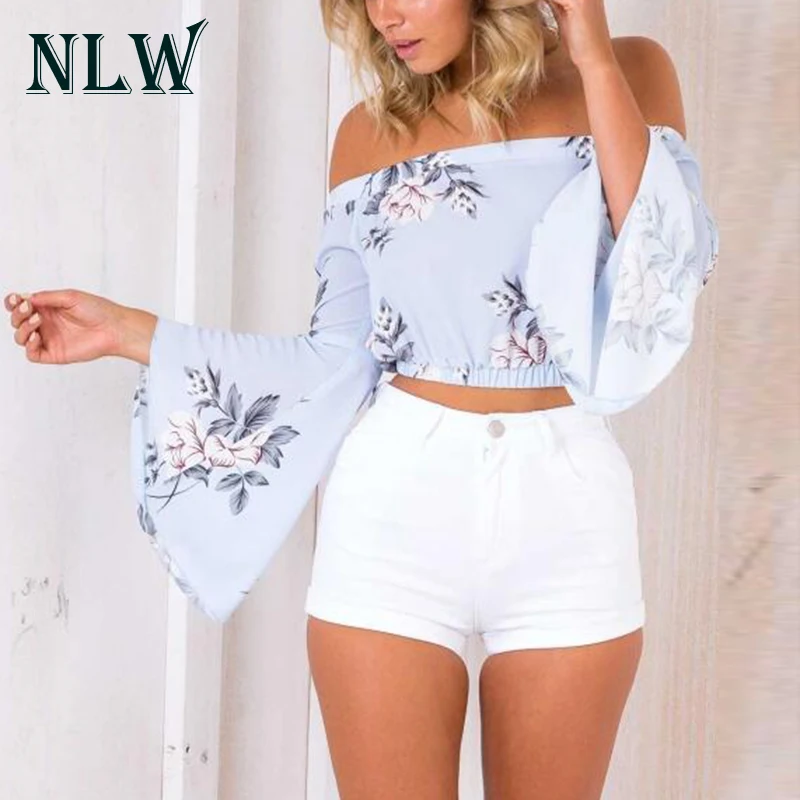 NLW Floral Chiffon Blouses Shirts Off Shoulder Flare Sleeve 2018 Women Summer Backless Short Crop Top Boho Beach Casual Wear |