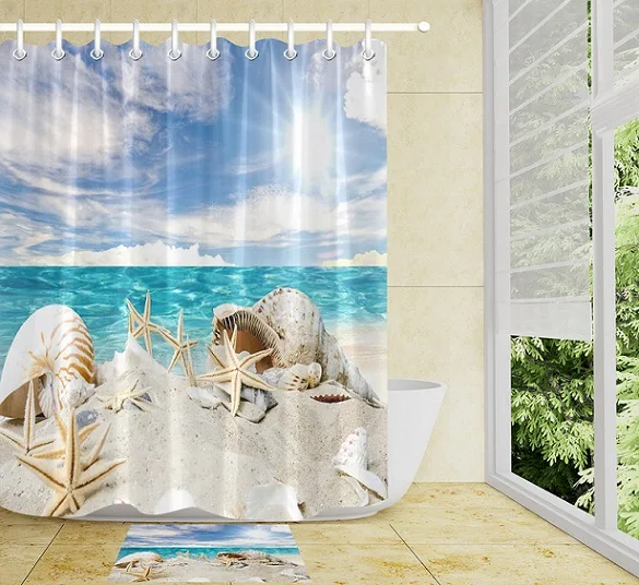 Curtain and Mat Солнечный свет голубое море золото пляж раковина Раковины Морская звезда Душ шторы лайнер и коврик набор ванная комната водонепроницаемый ткань для ванной Декор - Цвет: Curtain and Mat