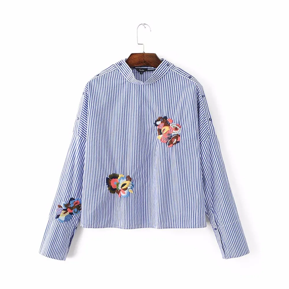 Рубашка женская с длинным рукавом в полоску цветочной вышивкой свободная блузка