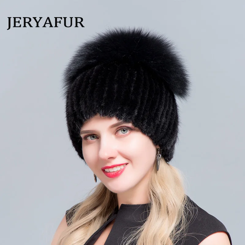 JERYAFUR Модные Бейсболки beanies для натуральной лиса, норка для женщин имеет женские натуральные зимние шапки вертикальные Диаманте высокого качества