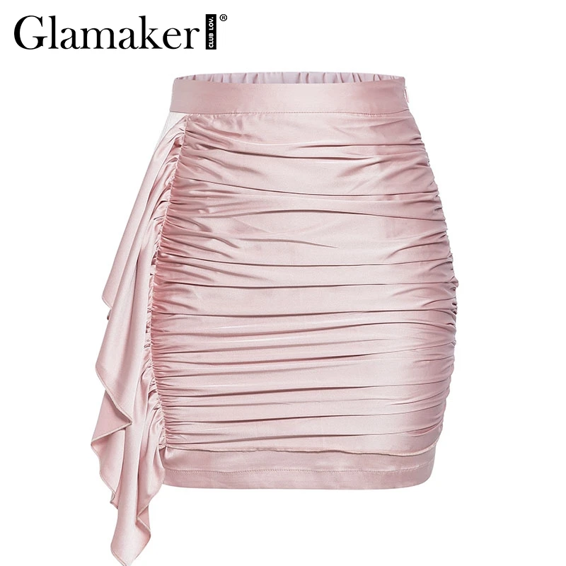 Розовый Glamaker/атласная плиссированная Осенняя облегающая юбка с высокой талией, Женская винтажная повседневная сексуальная юбка, суженная книзу Женская драпированная короткая Зимняя юбка - Цвет: Розовый