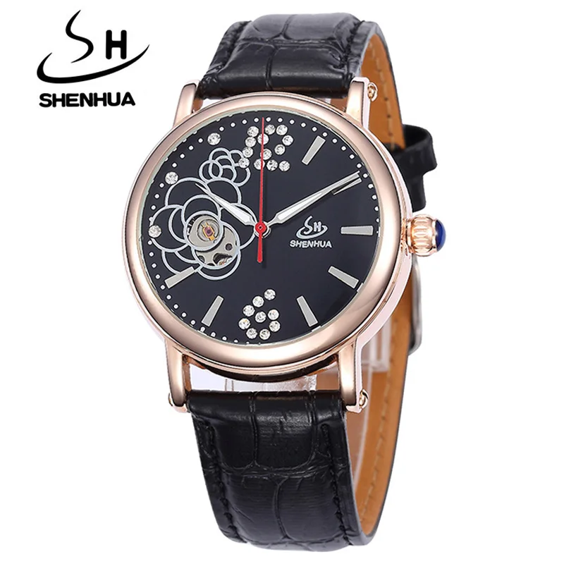 L9352blackblack Relogio feminino, женские механические часы SHENHUA из искусственной кожи, автоматические механические часы со скелетом для женщин, часы с цветами - Цвет: L9352blackblack
