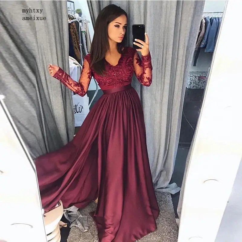 Long Burgundy Evening Dress With Long Sleeves V-neck Appliques Women Formal Evening Party Gowns Front Split Satin Robe De Soiree