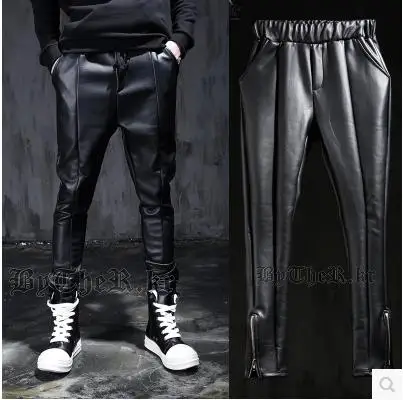Мужские брюки из искусственной кожи на молнии повседневные штаны с отделкой для