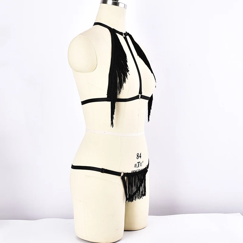 Черный бюстгальтер на бретельках с кисточками Пастельная готика для танцев