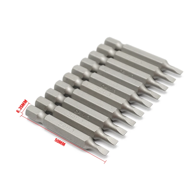 10pcs 1/4 inch Shank Flat Head Slotted Tip Chrome Vanadium Steel 50mm Length SL3 Screwdriver Bit Set For Home Repair Hand Tools
