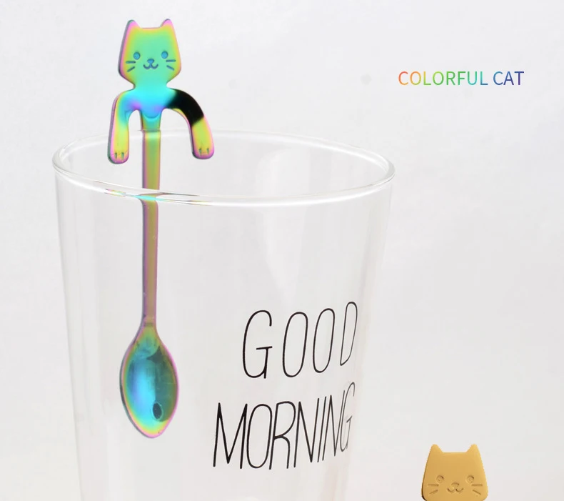 Rainbow Милые чайные ложки с кошкой из нержавеющей стали, Мультяшные ложки «кошка», креативные десертные ложки с длинной ручкой для мороженого, кофейные и чайные ложки, посуда разных цветов - Цвет: Rainbow