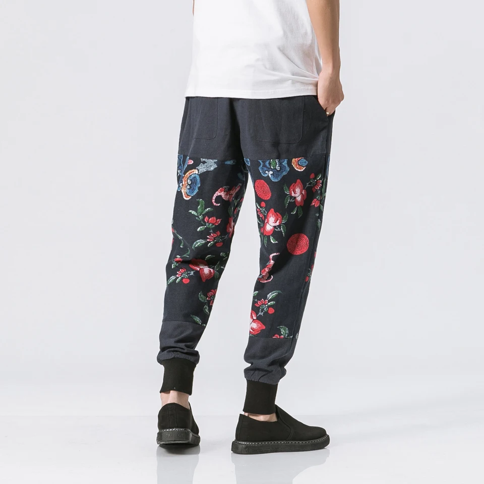 

Loldeal National Wind Flower Pants Harem Pants Casual Slack Trousers Mens Hippie Drawstring Linen Exotic Pattern