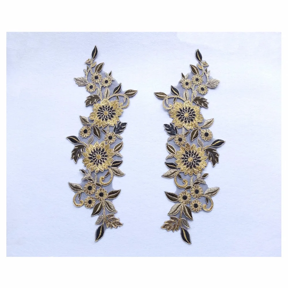 1 пара золотистые/черные кружевные нашивки с цветочной вышивкой|Кружево| |