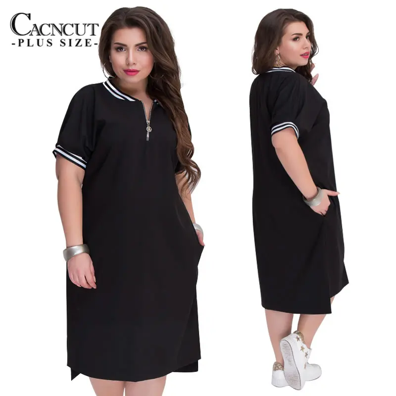 CACNCUT 5XL 6XL плюс размер прямые платья женские с круглым вырезом на молнии Большие размеры Летние повседневные свободные однотонные платья красные Vestidos