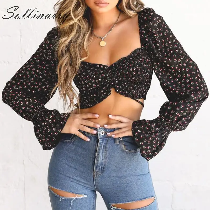Sollinarry/черная короткая Сексуальная Блузка с цветочным принтом для девочек