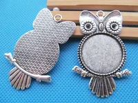 50pcs antique silver toneanique bronze night owl round base setting tray bezel pendant charmfindingfit 25mm cabochoncameo
