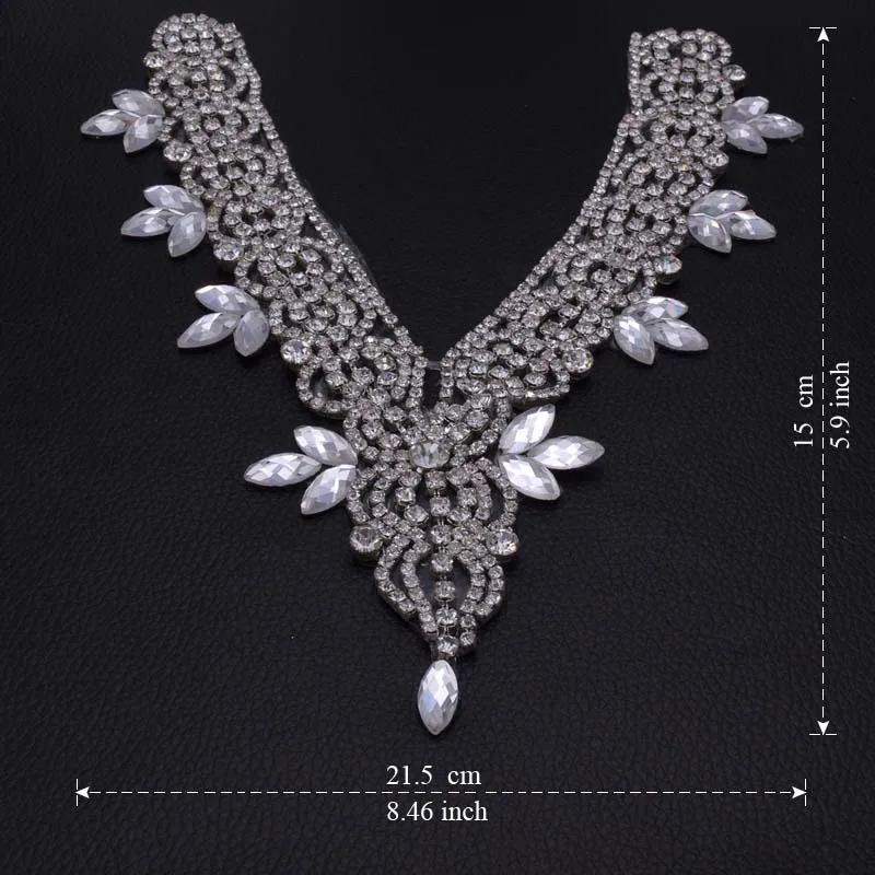 

Wholesale 10pcs Glass V-Neck Iron on Neckline Rhinestone Appliques for Bridal Dress Hot Transfer Garment Collars Handmade HD-298