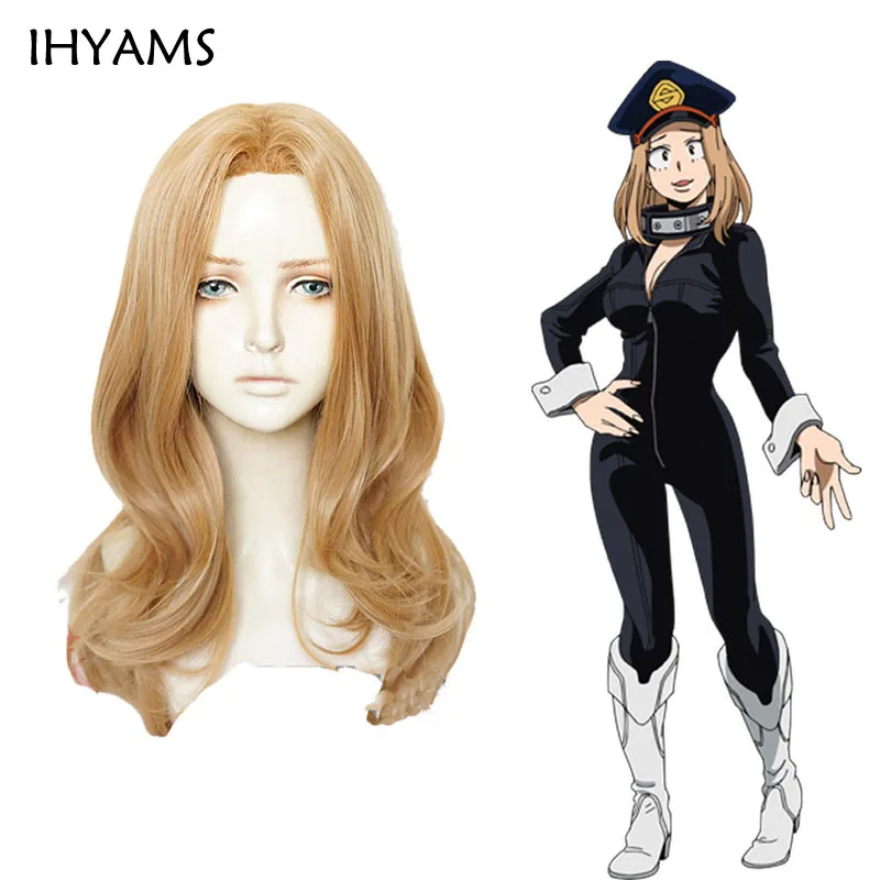 My Hero Academia-Peluca de Cosplay de Camie Utsushimi, pelo sintético largo y rizado, color rubio y marrón, con gorro