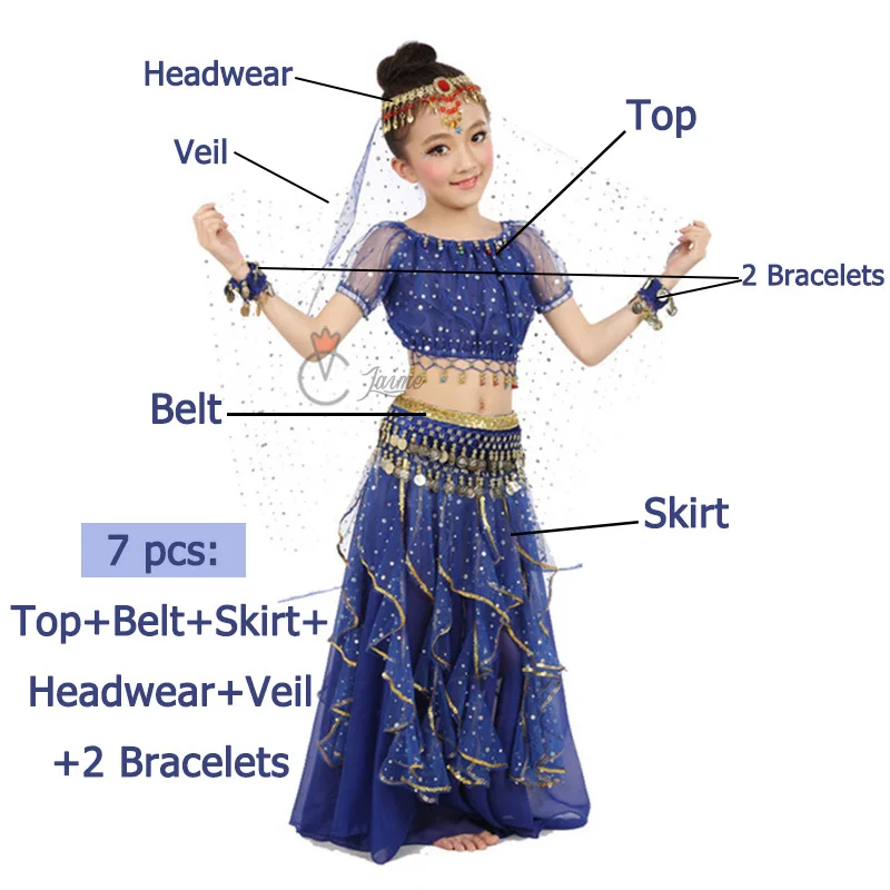 Dark Blue 7 pcs Стиль Дети танец живота костюм для восточных танцев костюмы для танцоров одежда индийские танцевальные костюмы для детей из 3 предметов, 7 шт./компл - Цвет: Dark Blue 7 pcs