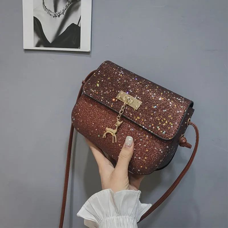Perilla Women Vintage Sequins Leather Bags Fashion Small Shell Bag With Deer Design Shoulder Casual Crossbody | Багаж и сумки