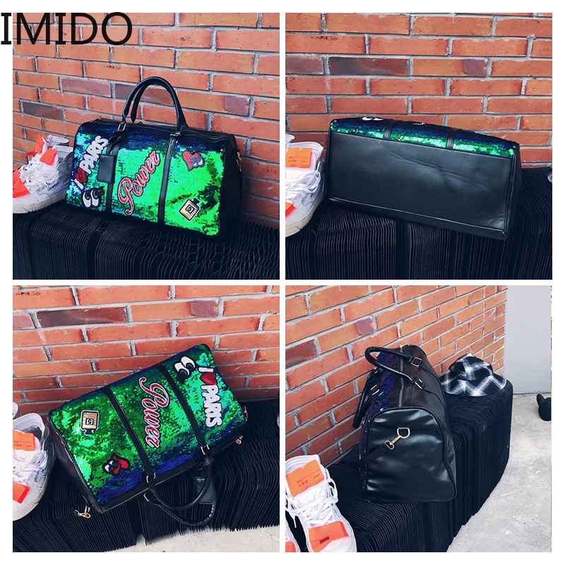 IMIDO модная Женская дорожная сумка, повседневная, с блестками, с буквами, мужская, на плечо, Диагональная Сумка, большая емкость, на открытом воздухе, Спортивная, люксовый бренд