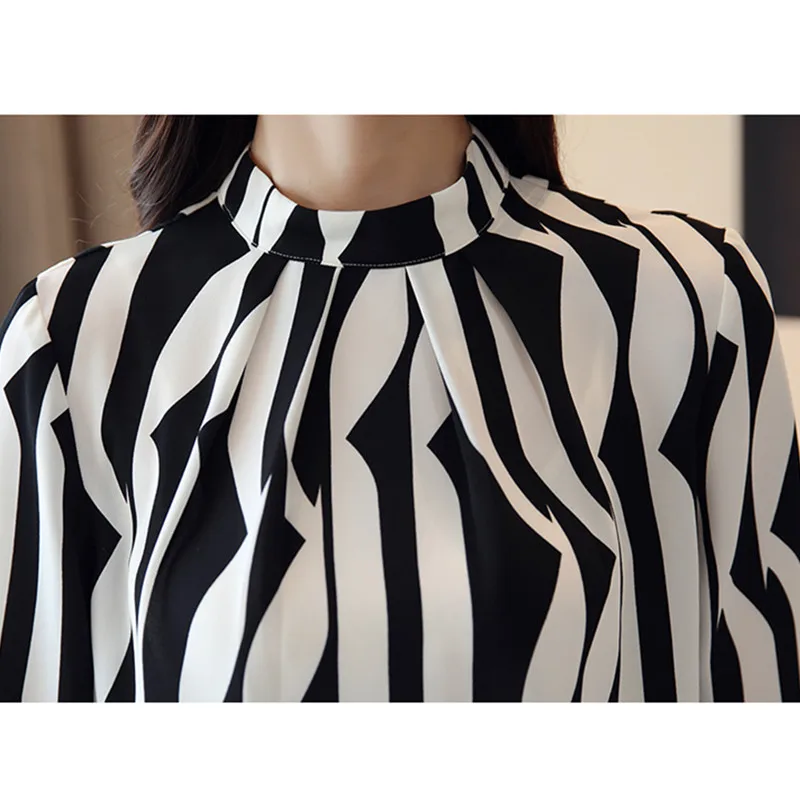 hanyiren Women Long Sleeve Casual Stripe Shirt Office Lady Stand Collar Elegant OL Chiffon Top 2019 New Spring Autumn Blouse |