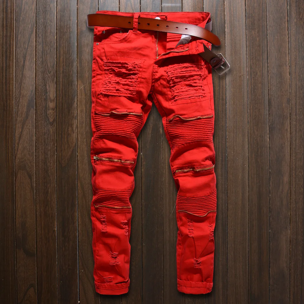 Модные мужские рваные байкерские джинсы в стиле хип хоп|motorcycle denim pants|mens ripped biker