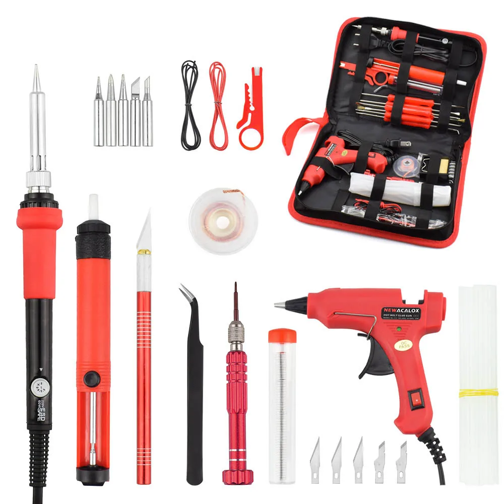 T02R-14PC Soldering Набор паяльников NEWACALOX с регулируемой температурой 60 Вт, 110 В/220 В, паяльник с ОУР, насос для распайки, подставка для паяльника, пинцет, мультиметр - Цвет: T02R-14PC Soldering