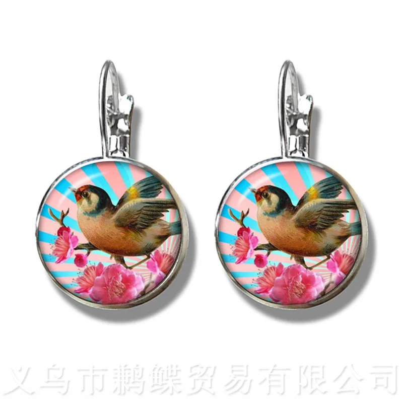 Flamingo Pattern Earrings New Fashion Round Glass Bird 16mm Dome Silver Plated Stud For Women Great Gift | Украшения и аксессуары