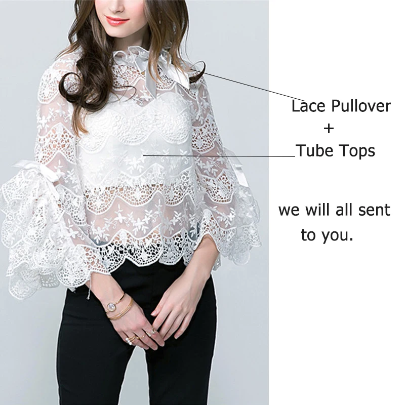 Перспектива органзы Белый Свободный пуловер летом Кружево Сексуальная Блузка
