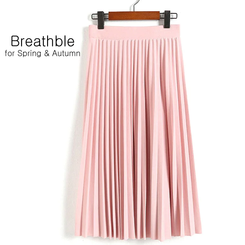Light Pink Aonibeier модная женская плиссированная однотонная длинная эластичная юбка с высокой талией, женские вечерние юбки черного и розового цвета, повседневные юбки - Цвет: Light Pink