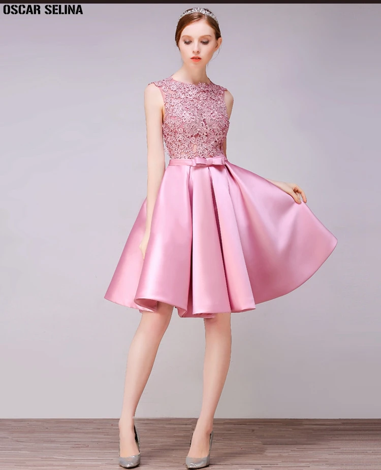 Custom wedding guest dress2019 Scoop neck lace satin A Line champagne gold silver burgundy Blush pink bridesmaid dresses short | Свадьбы и