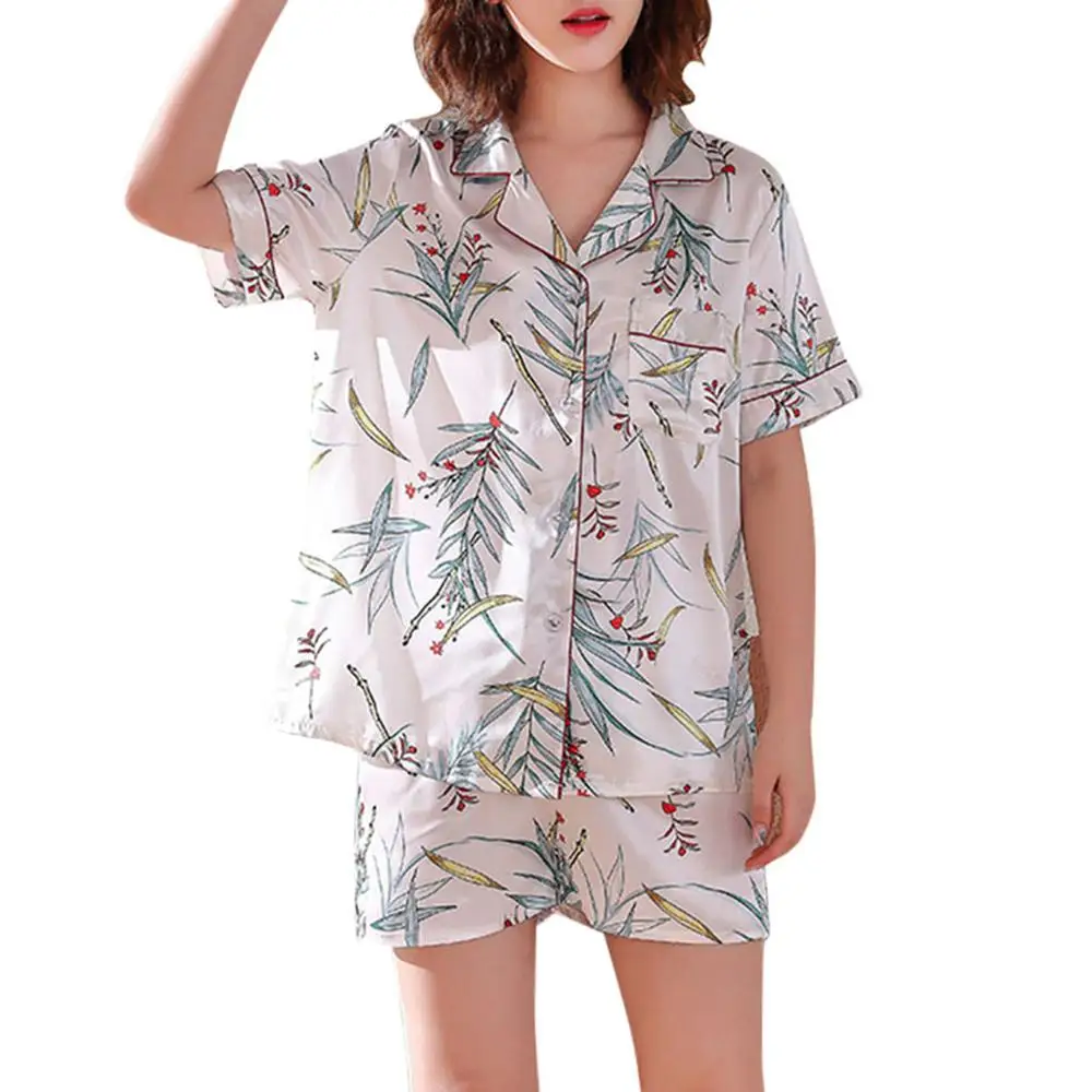 Женский Шелковый пижамный комплект с принтом и коротким рукавом ночная рубашка